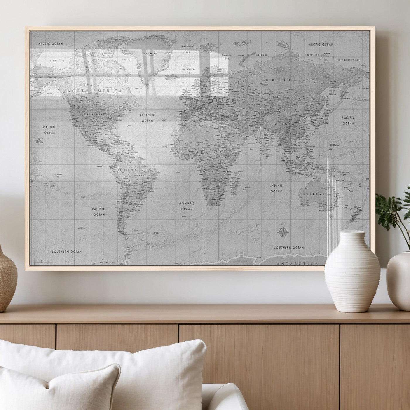 10516725-MGV-FP-36X24-3P_Natural-Black and White World Map Wall Art – Minimalist Grayscale Canvas Print – Modern Detailed Travel Map Poster for Home, Office, or