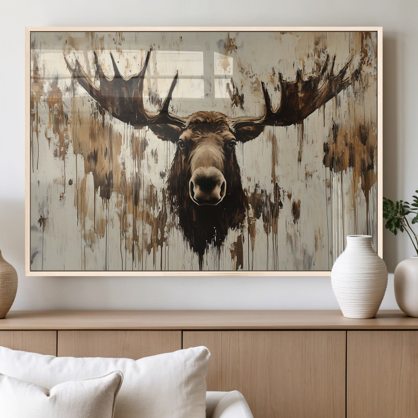 34496536-MGV-FP-36X24-3P_Natural-Rustic Moose Wall Art – Modern Abstract Animal Canvas Print – Majestic Moose Head Painting with Neutral Earth Tones for Cabin,