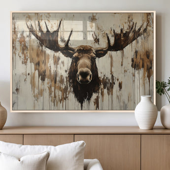 34496536-MGV-FP-36X24-3P_Natural-Rustic Moose Wall Art – Modern Abstract Animal Canvas Print – Majestic Moose Head Painting with Neutral Earth Tones for Cabin,