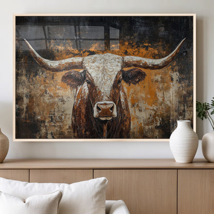 25265572-MGV-FP-36X24-3P_Natural-Longhorn Bull Wall Art – Rustic Western Texas Steer Canvas Print, Textured Animal Painting for Home, Office, Man Cave or Farmhouse
