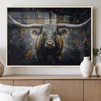 93195031-MGV-FP-36X24-3P_Natural-Dark Longhorn Bull Wall Art – Western Steer Canvas Print, Moody Rustic Animal Painting for Man Cave, Ranch House, Office or Modern