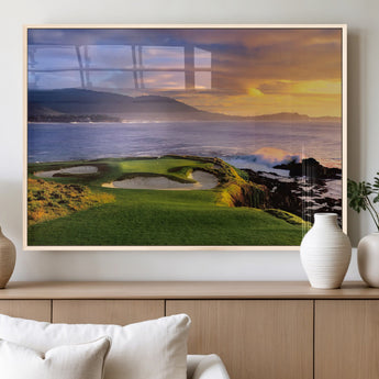 39644075-MGV-FP-36X24-3P_Natural-Golf Course Wall Art – Coastal Sunset Canvas Print, Scenic Oceanfront Fairway Landscape Decor for Office, Man Cave, or Living Room