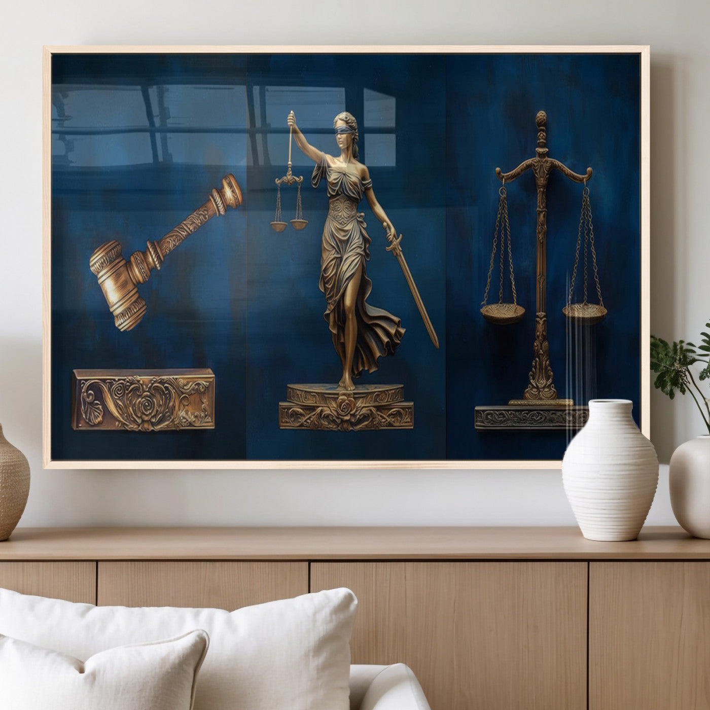 91629053-MGV-FP-36X24-3P_Natural-Lady Justice Wall Art – Golden Gavel and Scales Canvas Print, Elegant Legal Office Decor for Lawyers, Judges, Courtroom or Study