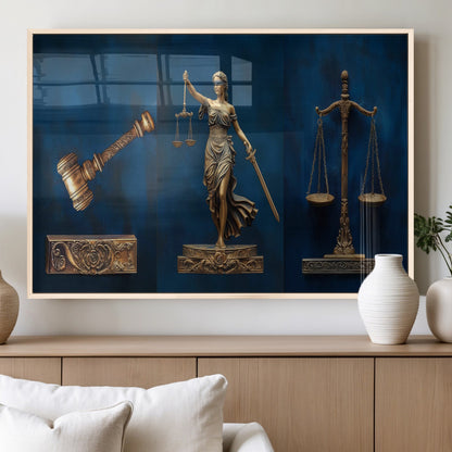 91629053-MGV-FP-36X24-3P_Natural-Lady Justice Wall Art – Golden Gavel and Scales Canvas Print, Elegant Legal Office Decor for Lawyers, Judges, Courtroom or Study