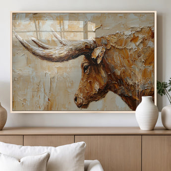 69611428-MGV-FP-36X24-3P_Natural-Longhorn Bull Wall Art – Rustic Western Canvas Print, Textured Farmhouse Cattle Painting for Living Room, Office, or Ranch House