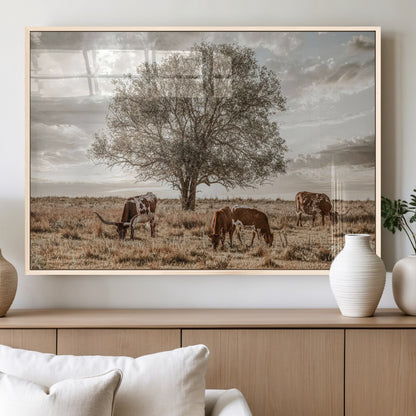 87590224-MGV-FP-36X24-3P_Natural-Longhorn Cattle Wall Art – Rustic Western Landscape Canvas Print, Texas Farmhouse Prairie Scene for Living Room, Office, or Ranch