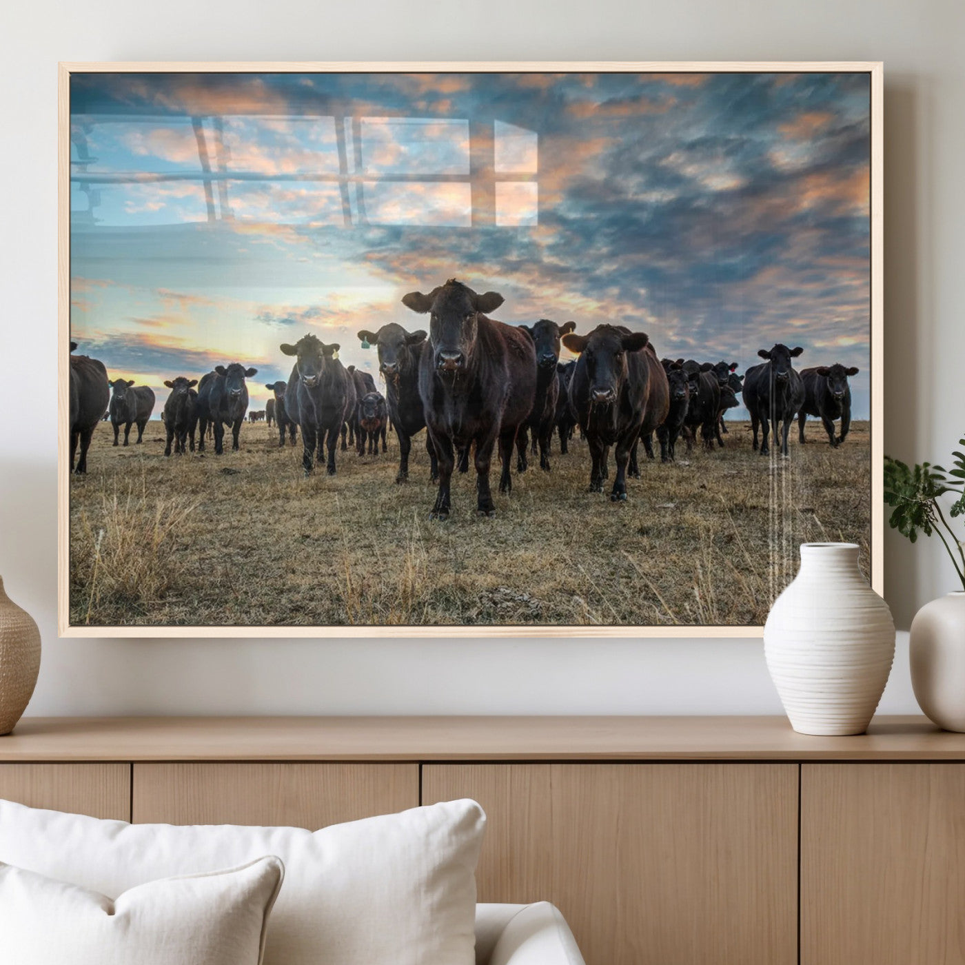 13867292-MGV-FP-36X24-3P_Natural-Black Cattle Wall Art – Rustic Ranch Herd Canvas Print, Western Farmhouse Country Landscape Decor for Living Room, Office, or