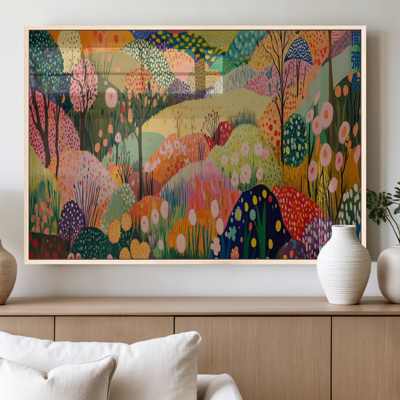 79636380-MGV-FP-36X24-3P_Natural-Colorful Abstract Landscape Wall Art – Vibrant Hills and Flowers Canvas Print, Modern Whimsical Artwork for Living Room, Bedroom,