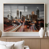 59097239-MGV-FP-36X24-3P_Natural-City Skyline Wall Art – Modern Black and White Night Canvas Print with Red Light Trails, Urban Landscape Decor for Living Room or