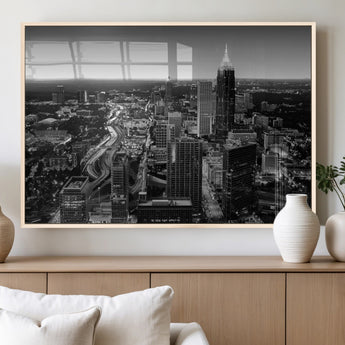 46578567-MGV-FP-36X24-3P_Natural-Atlanta Skyline Wall Art – Black and White Cityscape Canvas Print, Modern Urban Night Decor for Office, Living Room, or Apartment