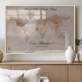 95243244-MGV-FP-36X24-3P_Natural-Wander Often Wonder Always World Map Wall Art – Neutral Beige Adventure Canvas Print, Rustic Boho Travel Decor for Bedroom, Living
