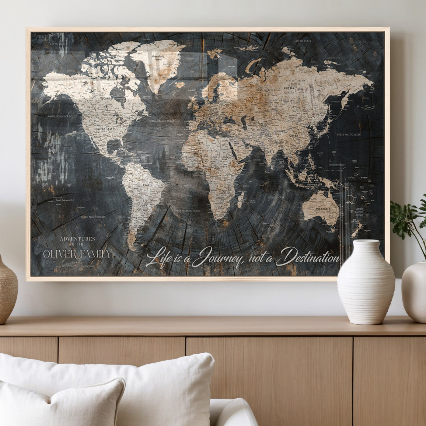 37848568-MGV-FP-36X24-3P_Natural-Life is a Journey Not a Destination World Map Rustic Wood Texture Vintage Beige Navy Adventure Wall Art Canvas Print for Home