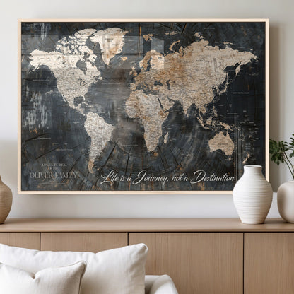 37848568-MGV-FP-36X24-3P_Natural-Life is a Journey Not a Destination World Map Rustic Wood Texture Vintage Beige Navy Adventure Wall Art Canvas Print for Home