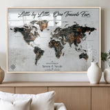 88337180-MGV-FP-36X24-3P_Natural-Little by Little One Travels Far Tolkien Quote World Map Rustic Black Brown Adventure Wall Art Canvas Print for Home Office Living