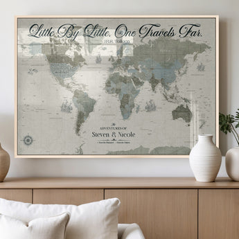 10693204-MGV-FP-36X24-3P_Natural-Little By Little One Travels Far Tolkien Quote Blue Green World Map Adventure Wall Art Canvas Print Rustic Wanderlust Travel Decor