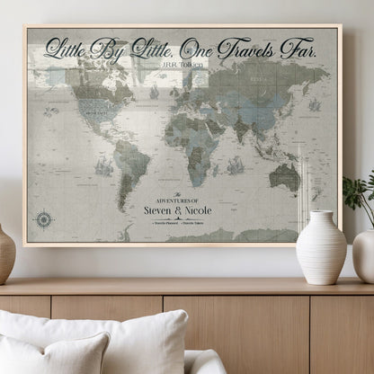 10693204-MGV-FP-36X24-3P_Natural-Little By Little One Travels Far Tolkien Quote Blue Green World Map Adventure Wall Art Canvas Print Rustic Wanderlust Travel Decor
