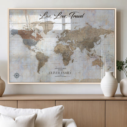 43924907-MGV-FP-36X24-3P_Natural-Live Love Travel Wall Art – Neutral World Map Canvas Print, Rustic Adventure Decor for Home, Office or Living Room, Unique Gift