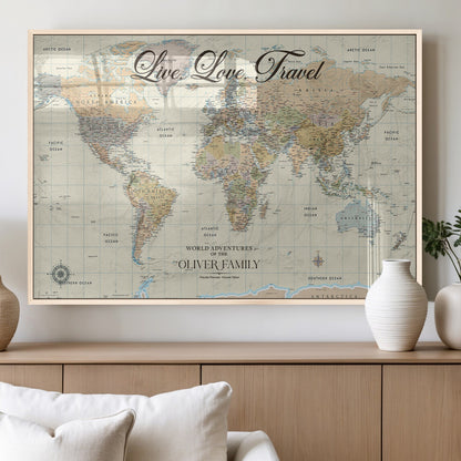 19479008-MGV-FP-36X24-3P_Natural-Live Love Travel Wall Art – Detailed World Map Canvas Print, Adventure Decor for Living Room, Office or Bedroom, Travel Gift for