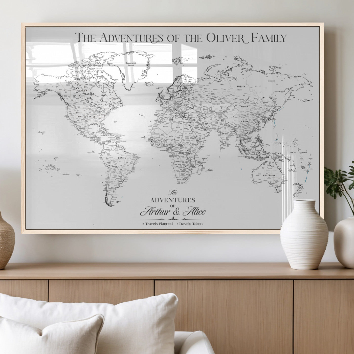 21029247-MGV-FP-36X24-3P_Natural-Minimalist World Map Wall Art – Black and White Travel Adventure Print, Modern Family Travel Map Decor for Living Room, Bedroom,