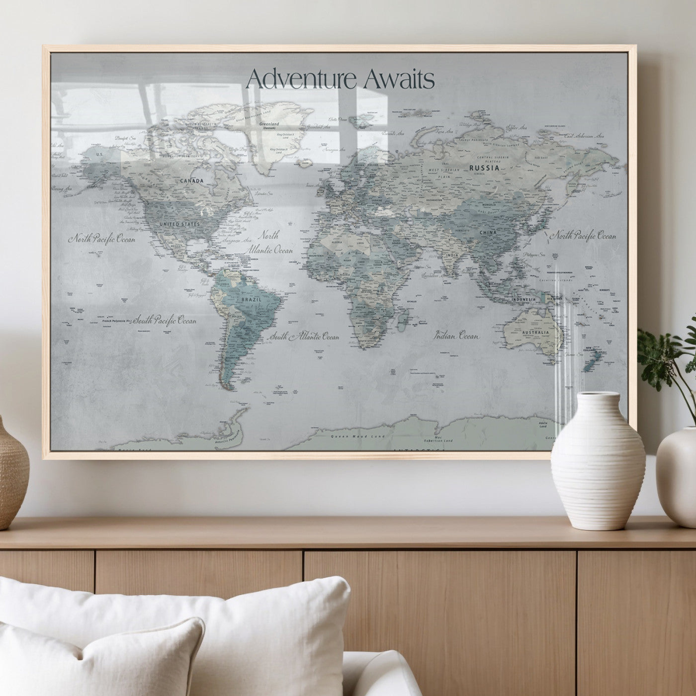 TEST111-MGV-FP-36X24-3P_Natural-Personalized Adventure Awaits Push Pin World Map – Custom Framed Travel Tracker Canvas Wall Art for Home, Office