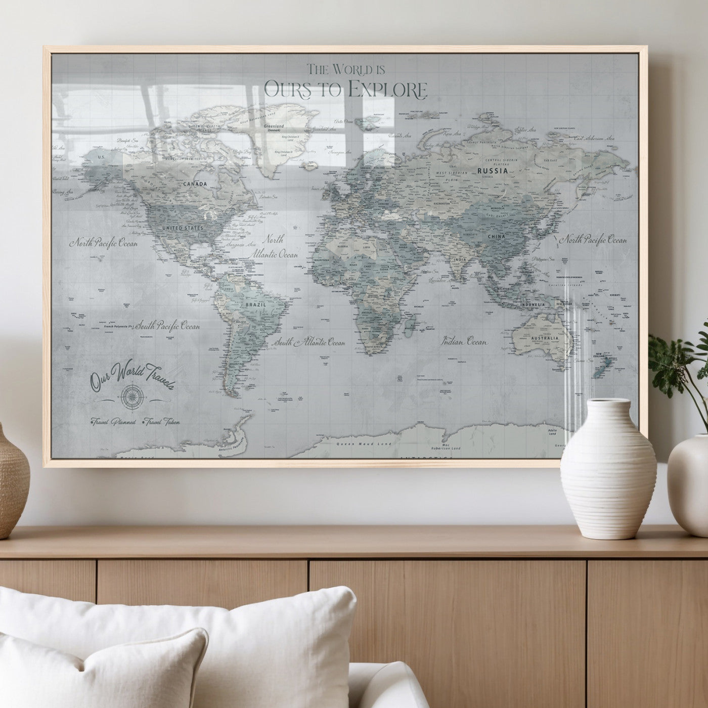 94249974-MGV-FP-36X24-3P_Natural-Ours Explore World Map Wall Art – Modern Travel Canvas Print, Neutral Adventure Decor for Living Room, Office, Study, Bedroom,