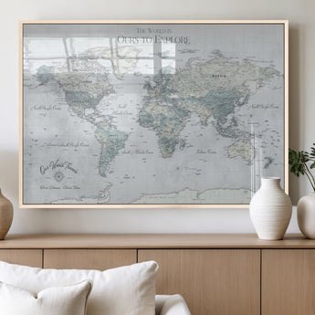 94249974-MGV-FP-36X24-3P_Natural-Ours Explore World Map Wall Art – Modern Travel Canvas Print, Neutral Adventure Decor for Living Room, Office, Study, Bedroom,