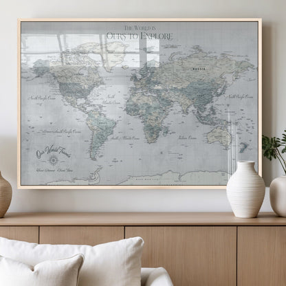94249974-MGV-FP-36X24-3P_Natural-Ours Explore World Map Wall Art – Modern Travel Canvas Print, Neutral Adventure Decor for Living Room, Office, Study, Bedroom,