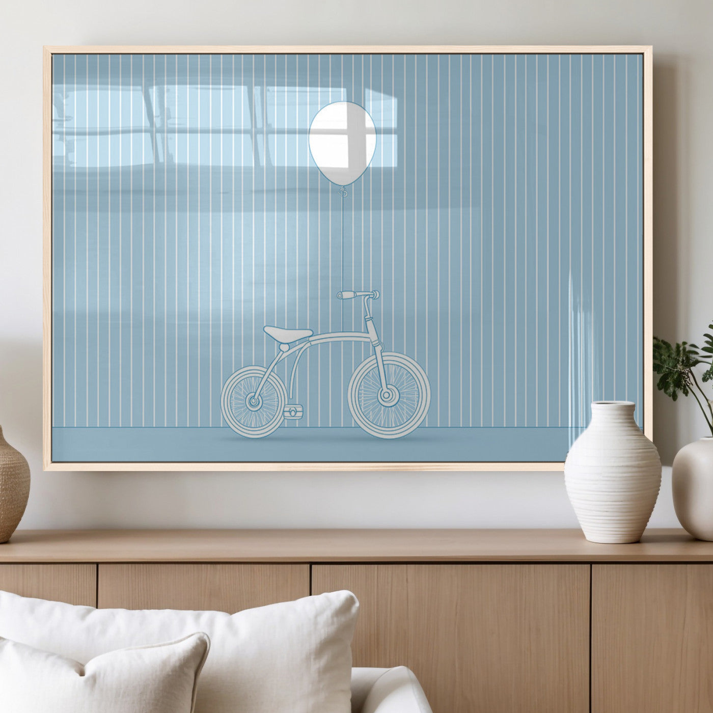 56479838-MGV-FP-36X24-3P_Natural-Bicycle Wall Art – Minimalist Blue Canvas Print with Balloon Illustration, Modern Decor Artwork for Kids Room, Nursery, or Living
