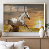44295212-MGV-FP-36X24-3P_Natural-Horse Wall Art – Running White Stallion Canvas Print with Sunset Background, Western Wildlife Decor for Living Room, Office, or
