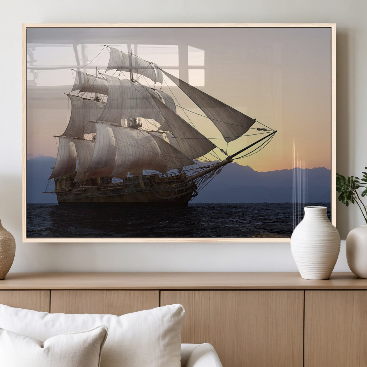 31270610-MGV-FP-36X24-3P_Natural-Sailing Ship Wall Art – Sunset Seascape Canvas Print with Tall Ship at Sea, Nautical Ocean Decor for Living Room, Office, or