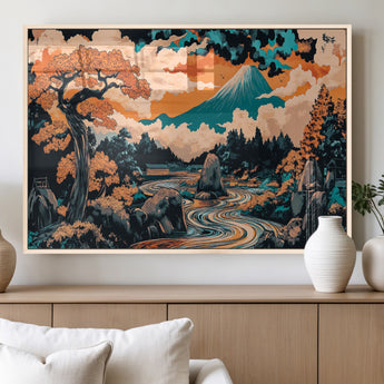 21638941-MGV-FP-36X24-3P_Natural-Japanese Landscape Wall Art – Mount Fuji and Flowing River Ukiyo-e Style Canvas Print, Traditional Japan Inspired Artwork for