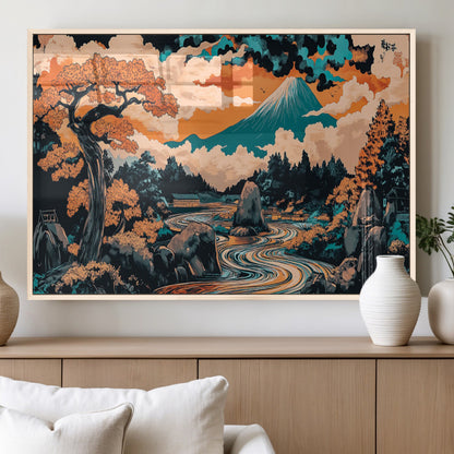 21638941-MGV-FP-36X24-3P_Natural-Japanese Landscape Wall Art – Mount Fuji and Flowing River Ukiyo-e Style Canvas Print, Traditional Japan Inspired Artwork for