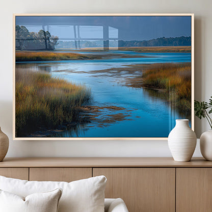 26300004-MGV-FP-60X30-3P_Natural-Tranquil Marshland Canvas Wall Art – Blue Water, Reflective Sky, Golden Grasses, Calm Nature Landscape, Scenic Outdoor Beauty for