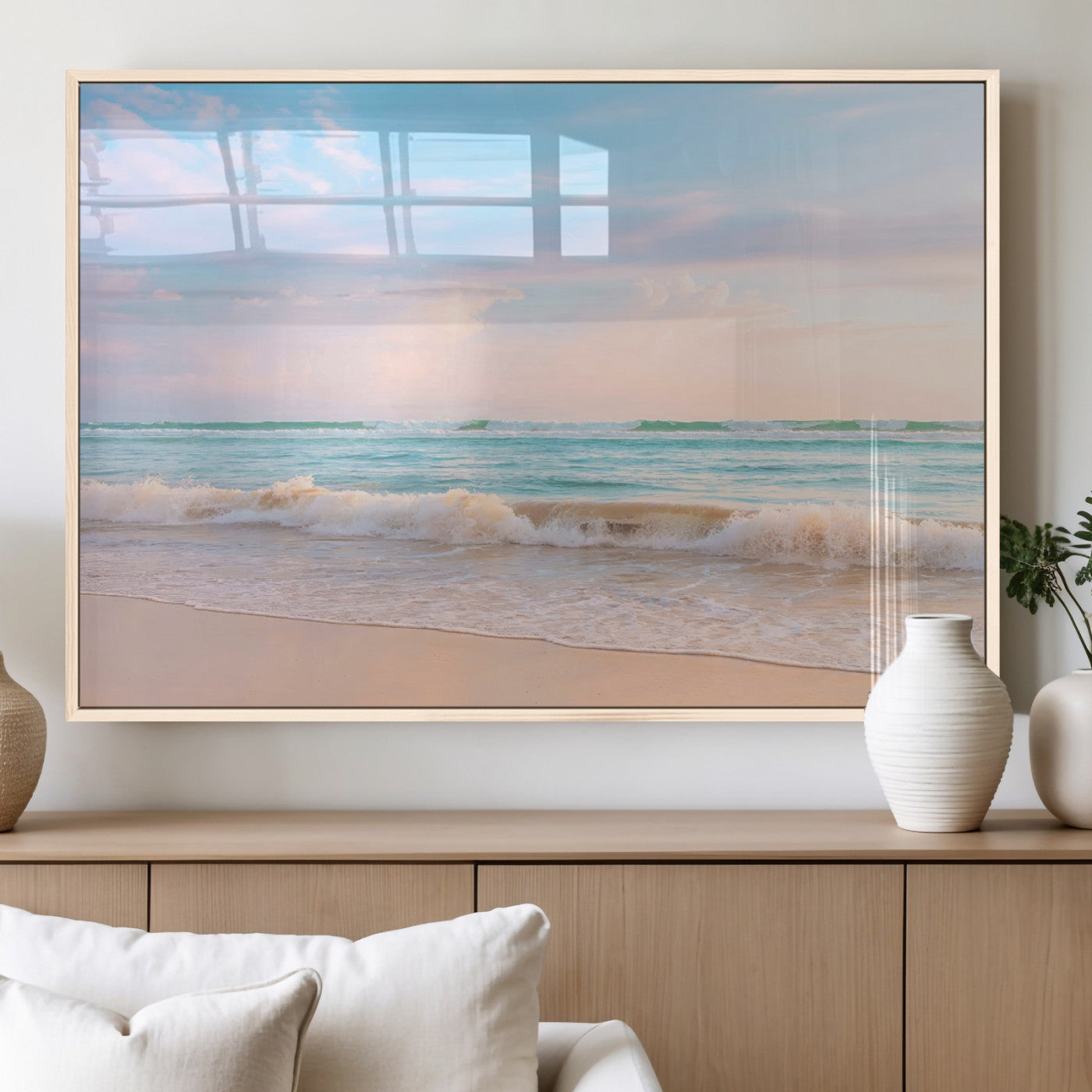 88024944-MGV-FP-36X24-3P_Natural-Beach Landscape Wall Art – Coastal Ocean Canvas Print with Gentle Waves and Pastel Sky, Serene Seascape Photography for Living