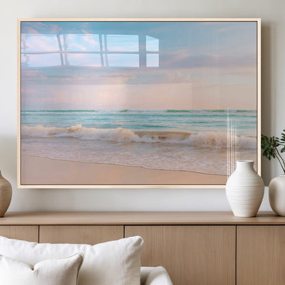 88024944-MGV-FP-36X24-3P_Natural-Beach Landscape Wall Art – Coastal Ocean Canvas Print with Gentle Waves and Pastel Sky, Serene Seascape Photography for Living