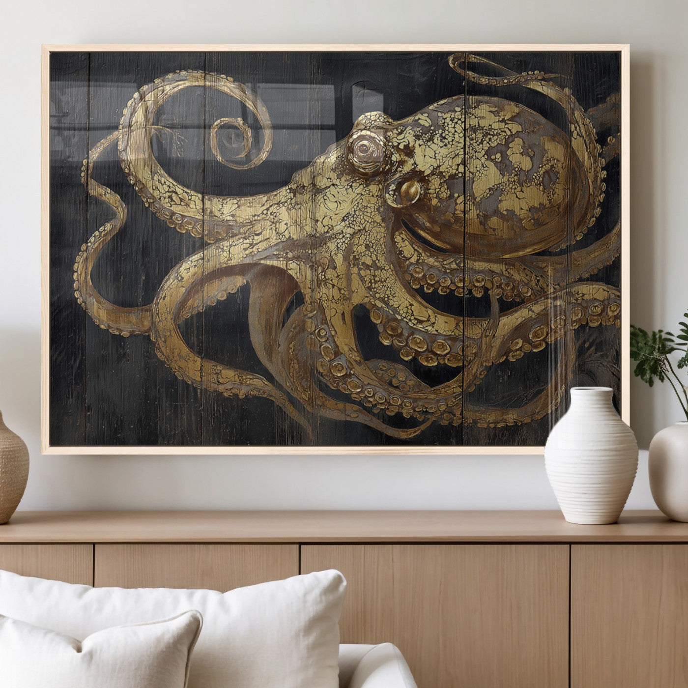 47056538-MGV-FP-36X24-3P_Natural-Octopus Wall Art – Gold Nautical Canvas Print with Rustic Wood Texture, Marine Creature Artwork for Coastal Ocean Decoration in