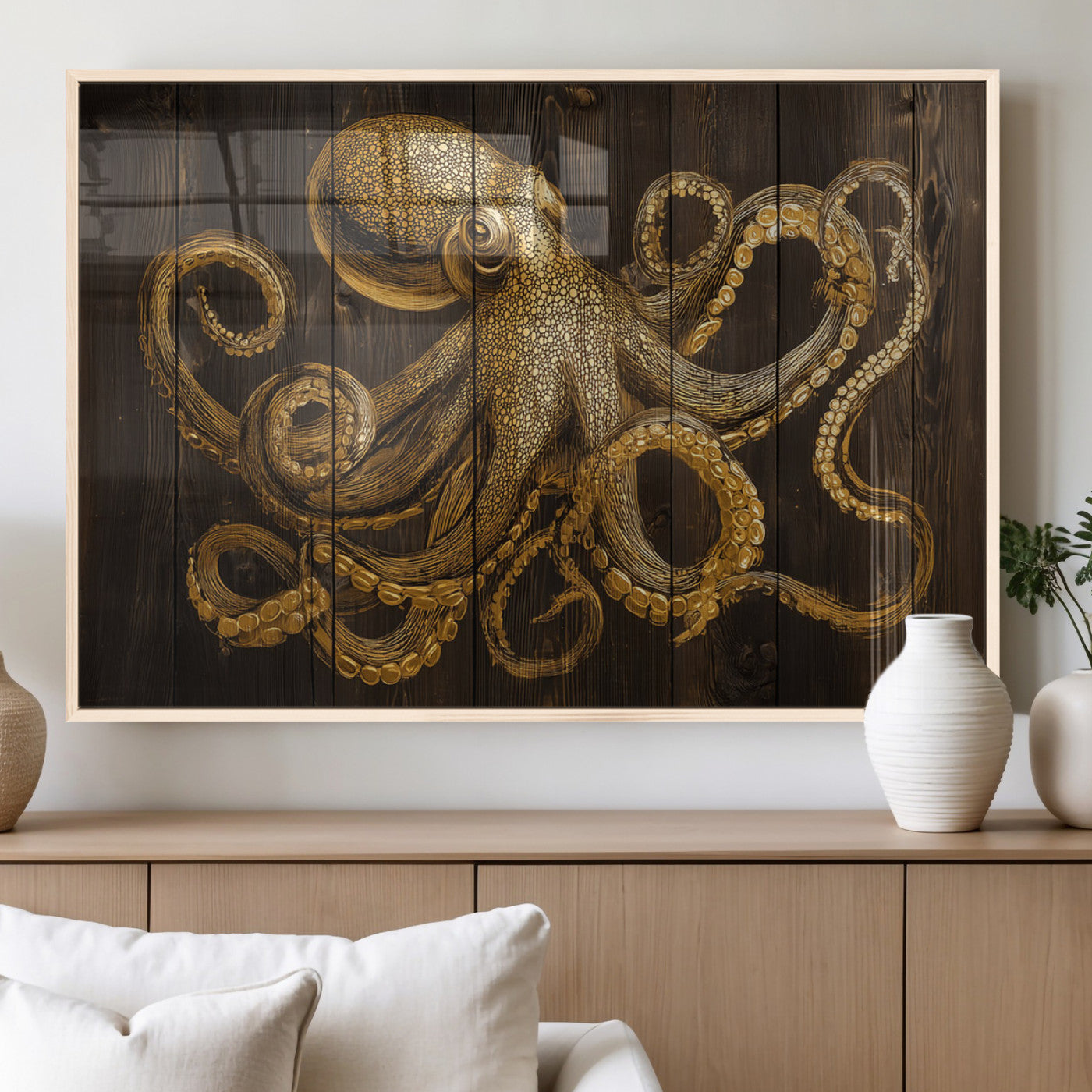 56769669-MGV-FP-60X30-3P_Natural-Octopus Canvas Wall Art – Wooden Sea Creature, Marine Life, Tentacles Ocean Texture, Rustic Vintage Coastal Decor for Home,