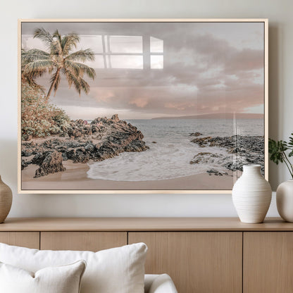18005328-MGV-FP-60X30-3P_Natural-Tropical Beach Canvas Wall Art – Palm Tree, Rocky Shoreline, Ocean Waves, Sunset Clouds, Calm Sea, Island Nature Relaxation for