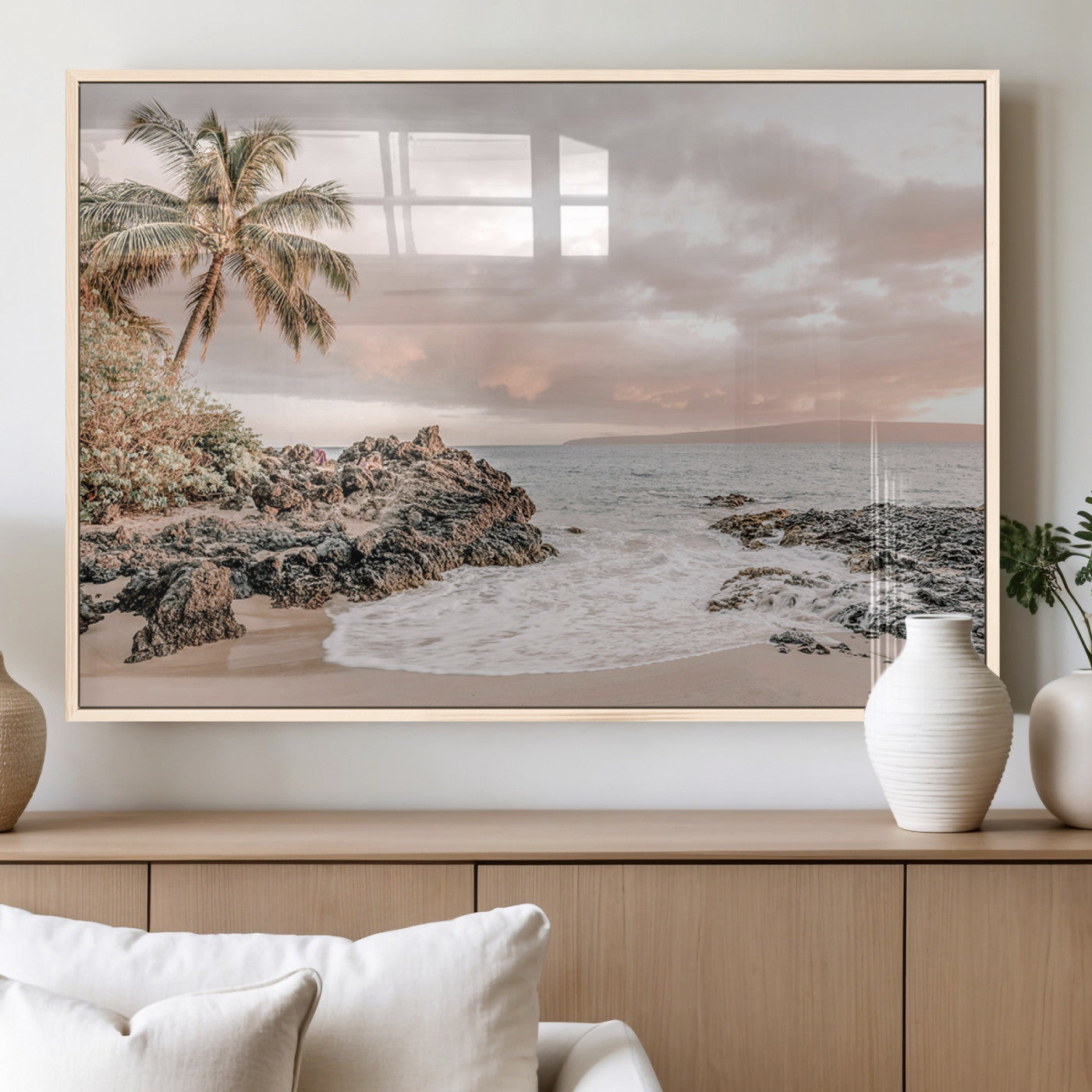 18005328-MGV-FP-36X24-3P_Natural-Tropical Beach Wall Art – Coastal Ocean Canvas Print with Palm Tree, Sunset Sky and Rocky Shore, Serene Seascape Photography for