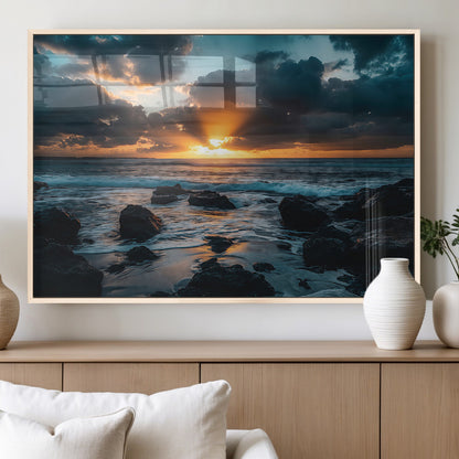 66040852-MGV-FP-60X30-3P_Natural-Ocean Sunset Canvas Wall Art – Rocky Shore Waves, Dramatic Clouds, Golden Sun Rays, Coastal Nature, Serene Water Reflection for