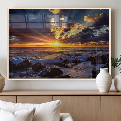35900590-MGV-FP-60X30-3P_Natural-Sunset Ocean Waves Canvas Wall Art – Rocky Shore, Dramatic Sky, Golden Sun Rays, Coastal Beauty, Serene Water Motion for Living