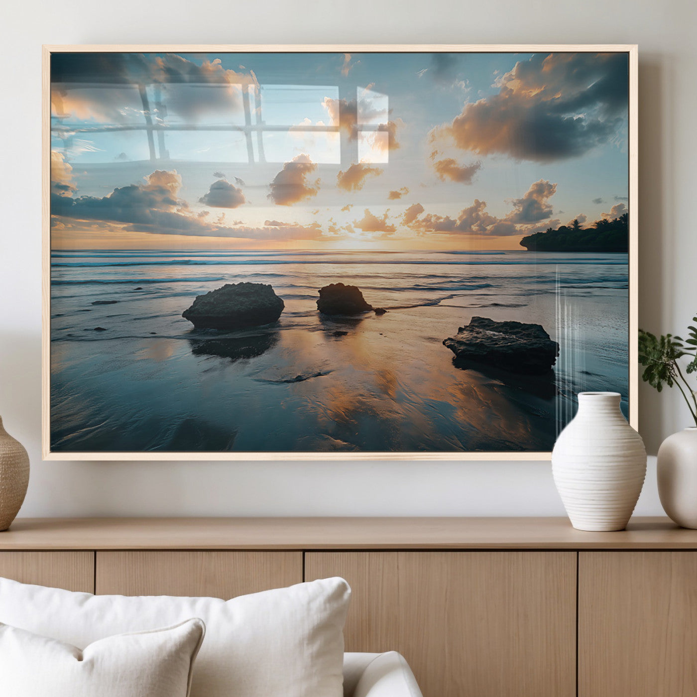 23879436-MGV-FP-36X24-3P_Natural-Ocean Sunset Wall Art – Serene Seascape Canvas Print with Golden Sky, Reflections on Sand and Calm Waves, Peaceful Coastal