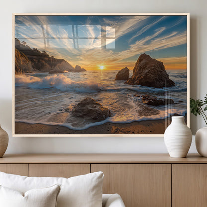 85659923-MGV-FP-60X30-3P_Natural-Rocky Ocean Sunset Canvas Wall Art – Seaside Dramatic Seascape Print, Coastal Modern Decor, Ocean Sunset Art for Living Room or