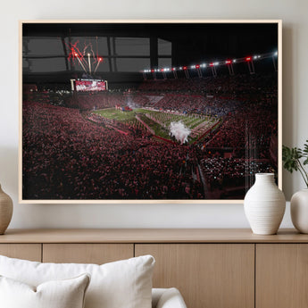 60690191-MGV-FP-36X24-3P_Natural-Stadium Wall Art – Night Game Football Canvas Print with Fireworks, Marching Band and Crowd, Panoramic Sports Photography for Man