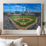 56213978-MGV-FP-36X24-3P_Natural-Baseball Stadium Wall Art – Panoramic Ballpark Canvas Print with Fans, Green Field and City Skyline, Classic Sports Photography