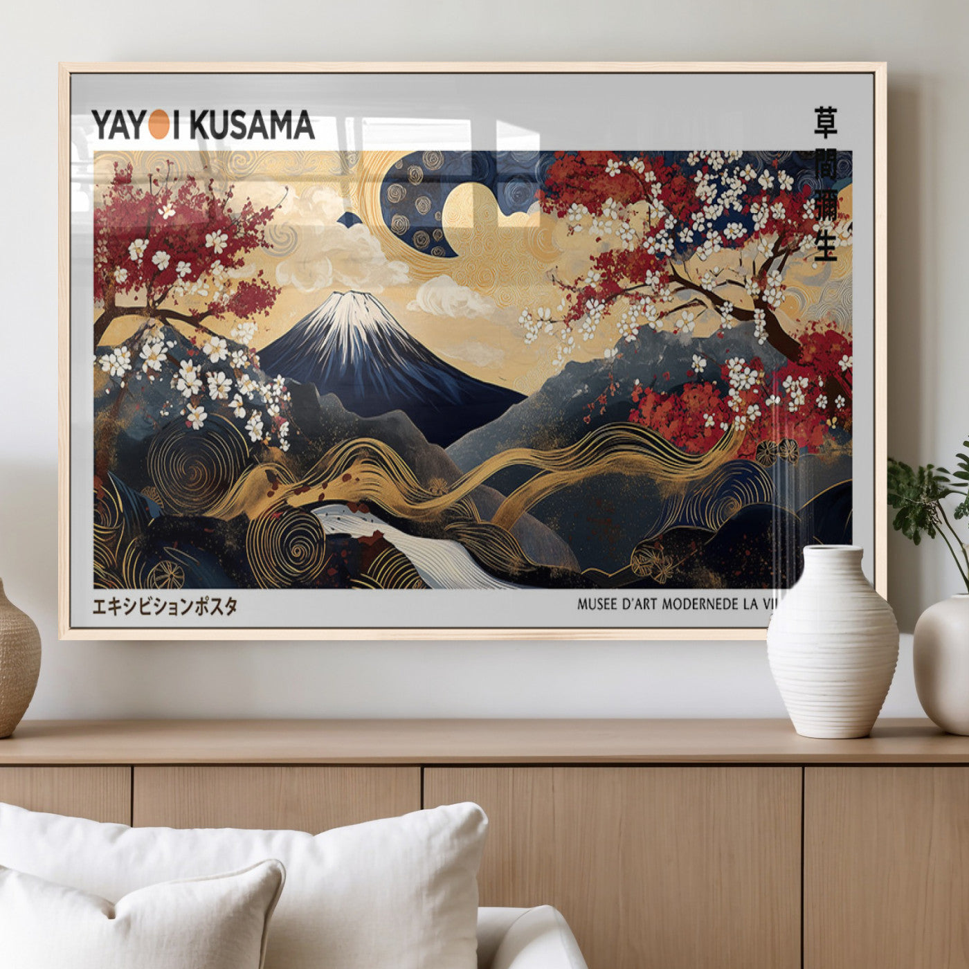 28945903-MGV-FP-60X30-3P_Natural-Yayoi Kusama Inspired Japanese Art Canvas Print – Framed Floral & Mt. Fuji Wall Decor, Modern Asian Style Canvas for Home, Office,