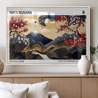 28945903-MGV-FP-60X30-3P_Natural-Yayoi Kusama Inspired Japanese Art Canvas Print – Framed Floral & Mt. Fuji Wall Decor, Modern Asian Style Canvas for Home, Office,