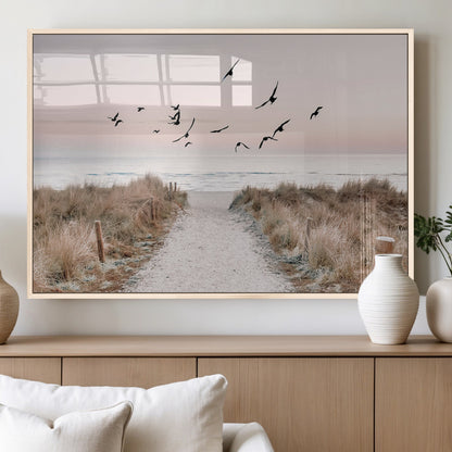 34632598-MGV-FP-60X30-3P_Natural-Coastal Pathway Canvas Wall Art – Framed Seaside Landscape, Large Beach and Birds Canvas Print for Home, Office, or Living Room