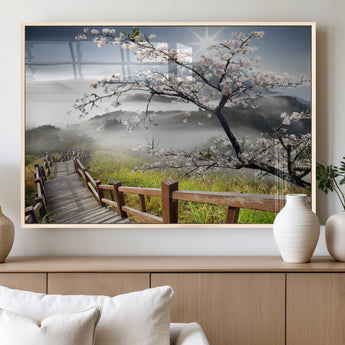34632598CRY-MGV-FP-36X24-3P_Natural-Cherry Blossom Wall Art – Scenic Asian Landscape Canvas Print with Wooden Walkway, Misty Mountains and Sunrise, Serene Nature