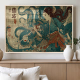 46837670-MGV-FP-60X30-3P_Natural-Tsukioka Yoshitoshi Samurai Wall Art Print, Japanese Katana Warrior Canvas Wall Art, Octopus Sea Monster Canvas Print,